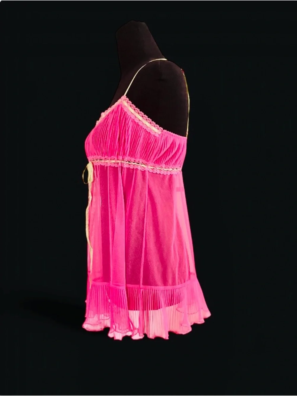Victoria Secret Vintage Sheer Pink Babydoll Chemise with Yellow Contrast Trim